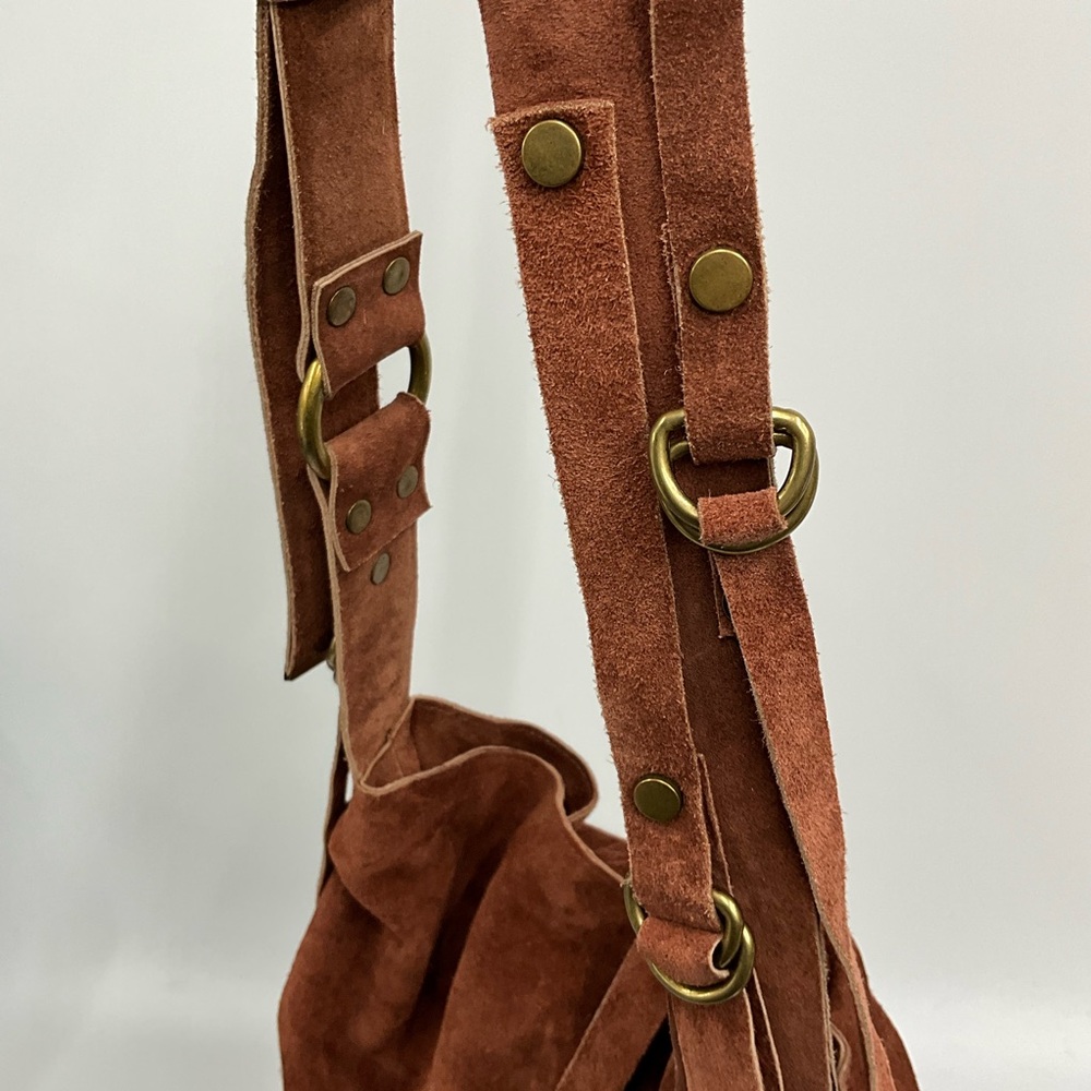 Free People Leather Suede Hobo Bag Brown Slouchy Fringe Western Boho - Picture 4 of 15
